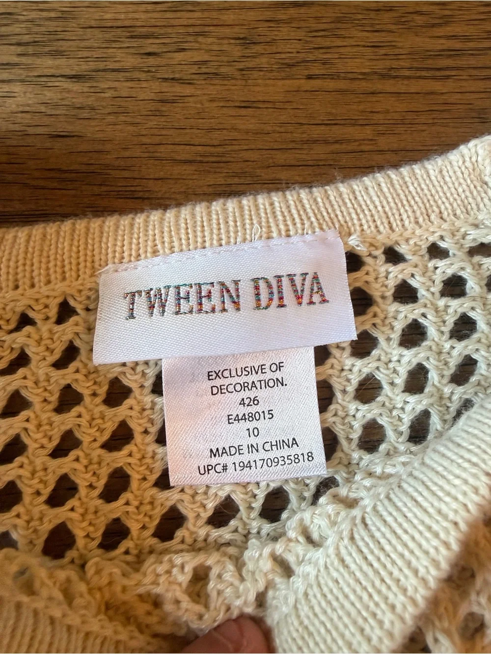 Tween Diva Cream Open-Knit Sweater & light blue cargo skirt  - girls size 10